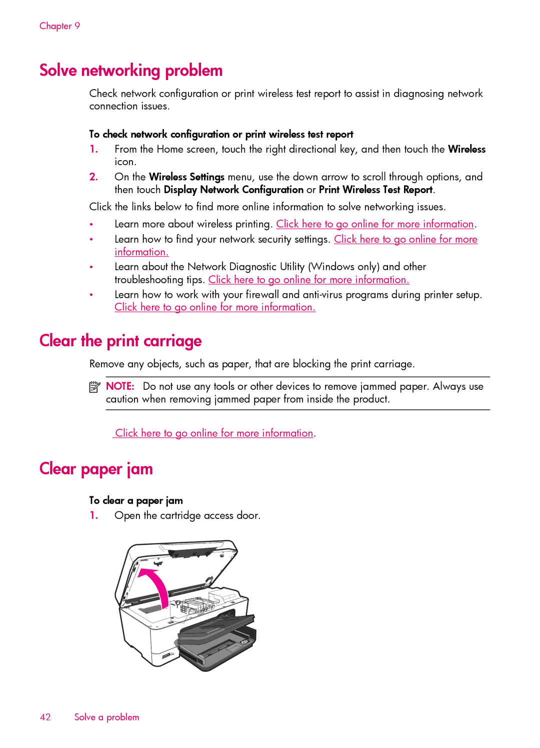 HP 6510 - B211a, 6512 - B211a, 6515 - B211a manual Solve networking problem, Clear the print carriage, Clear paper jam 