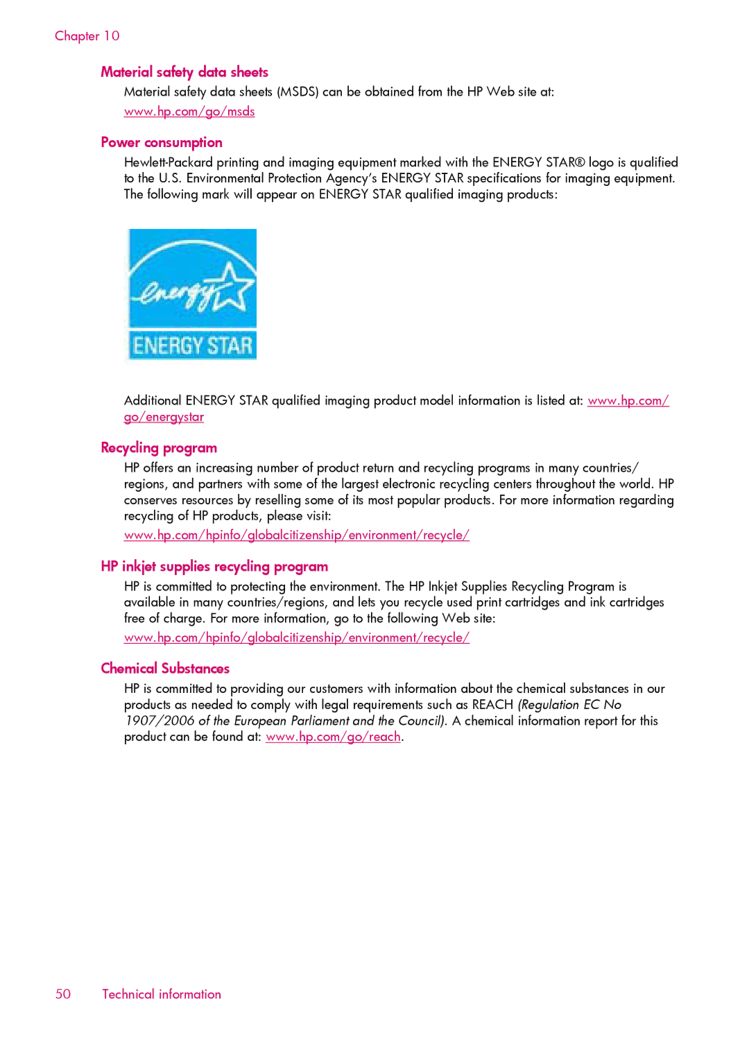 HP 6515 - B211a Material safety data sheets, Power consumption, Recycling program, HP inkjet supplies recycling program 