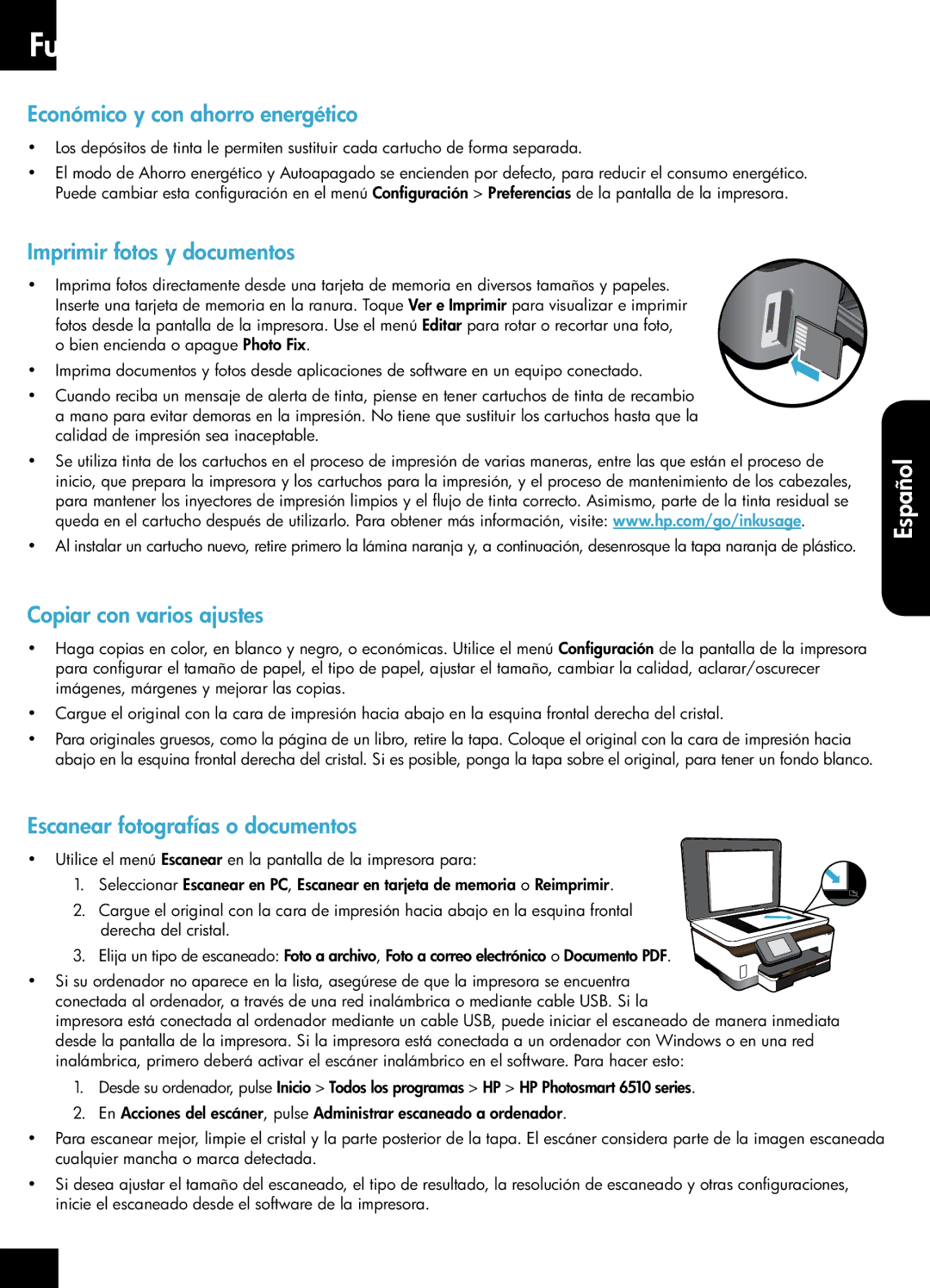 HP 6510 - B211a, 6512 - B211a manual Funciones y sugerencias, Económico y con ahorro energético, Imprimir fotos y documentos 