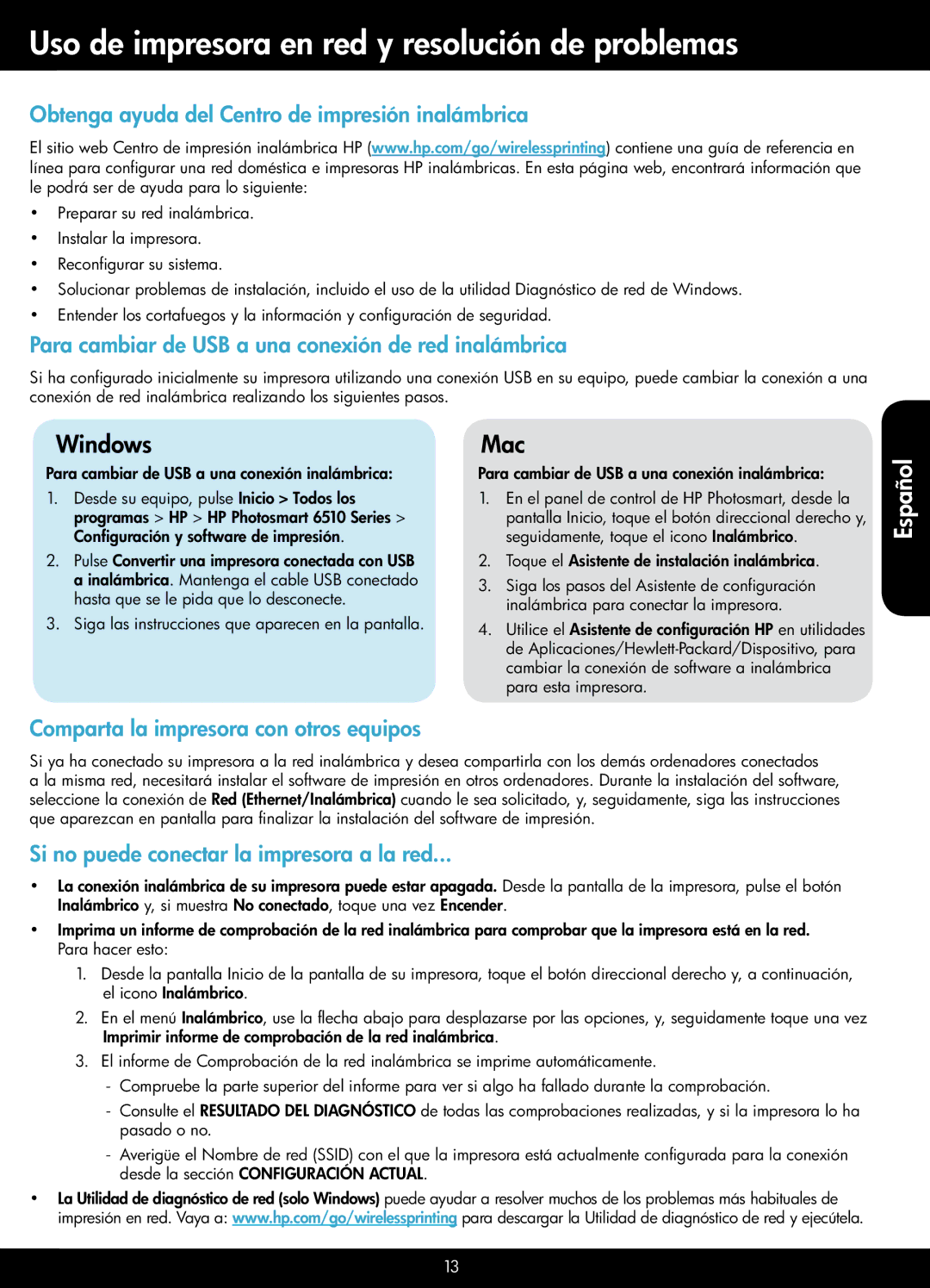 HP 6515 - B211a manual Uso de impresora en red y resolución de problemas, Obtenga ayuda del Centro de impresión inalámbrica 