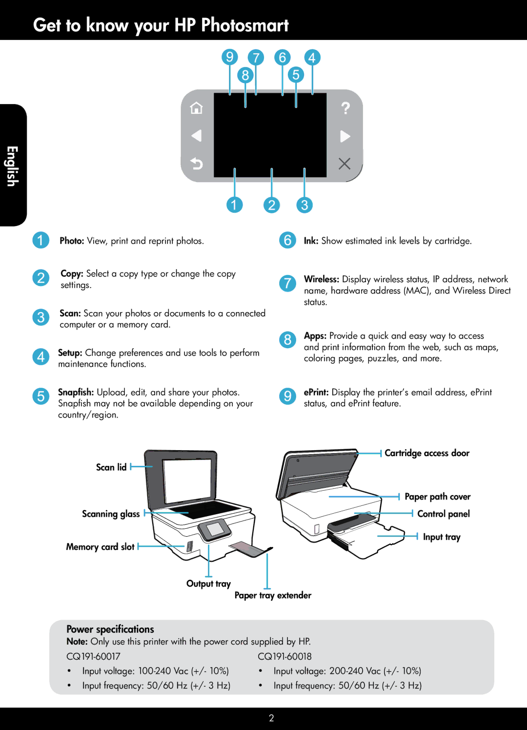 HP 6510 - B211a, 6512 - B211a, 6515 - B211a manual Get to know your HP Photosmart, Power specifications 