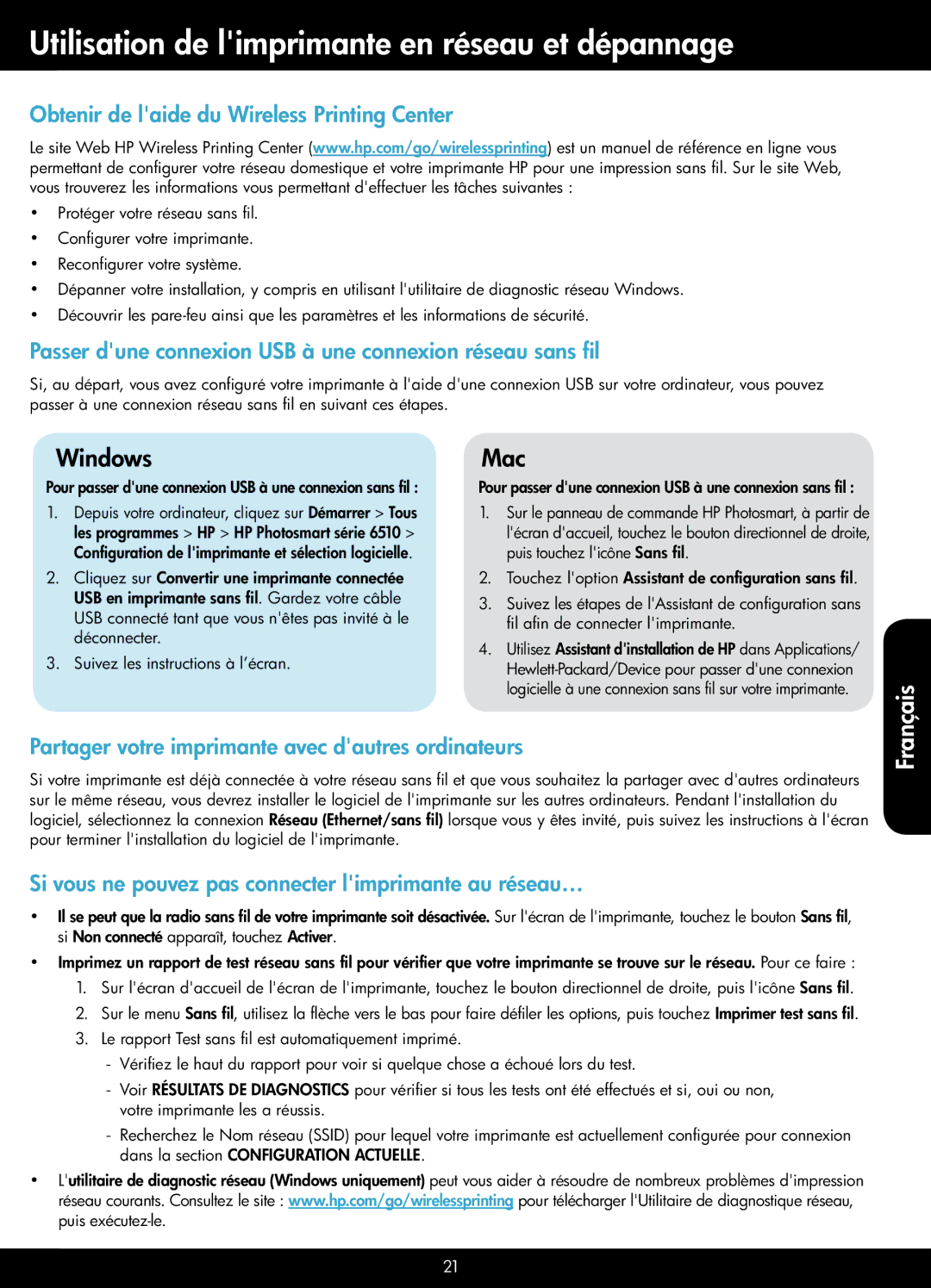 HP 6512 - B211a manual Utilisation de limprimante en réseau et dépannage, Obtenir de laide du Wireless Printing Center 