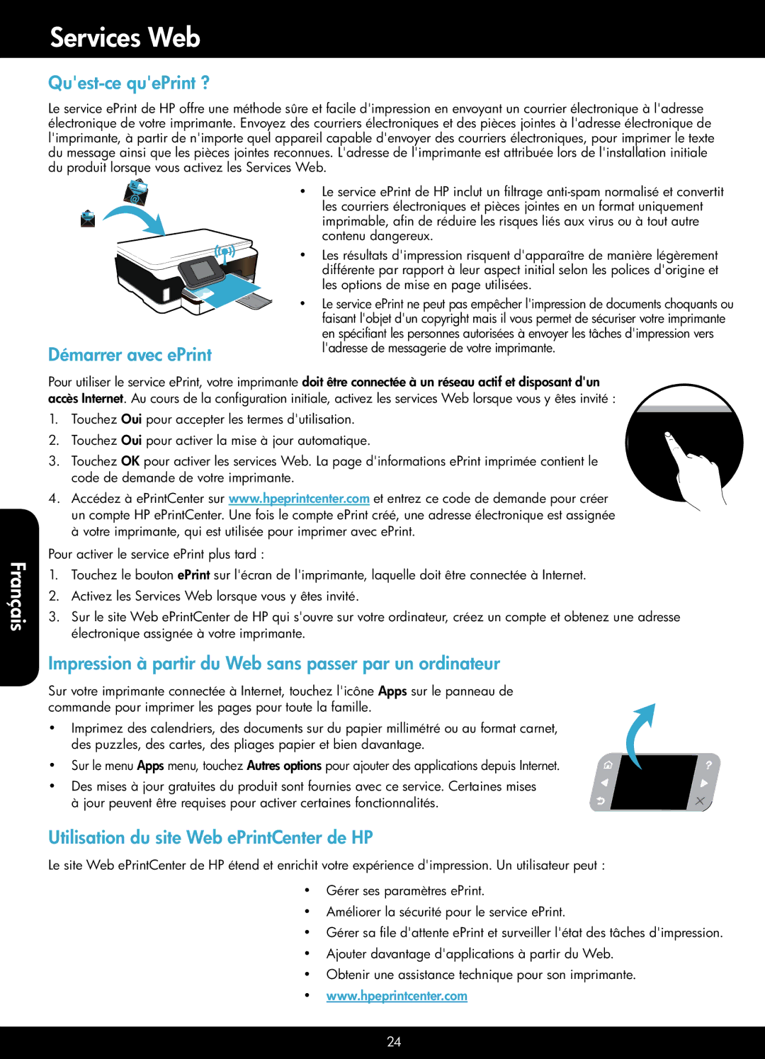 HP 6512 - B211a manual Services Web, Quest-ce quePrint ?, Démarrer avec ePrint, Utilisation du site Web ePrintCenter de HP 