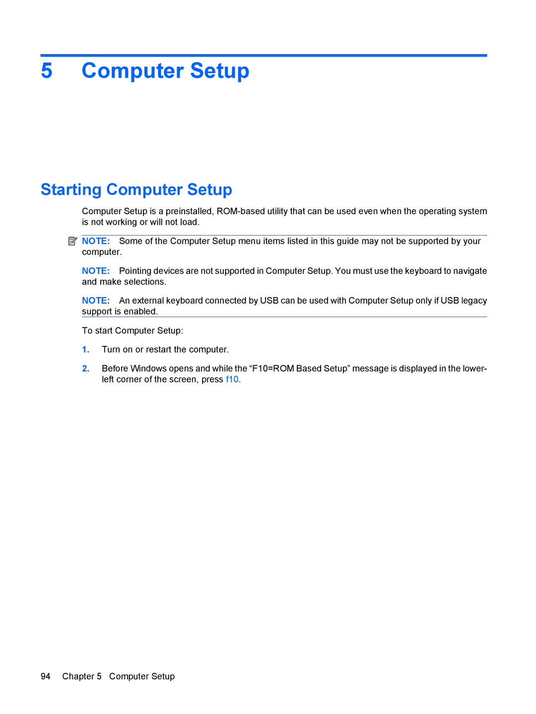 HP 6515b manual Starting Computer Setup 