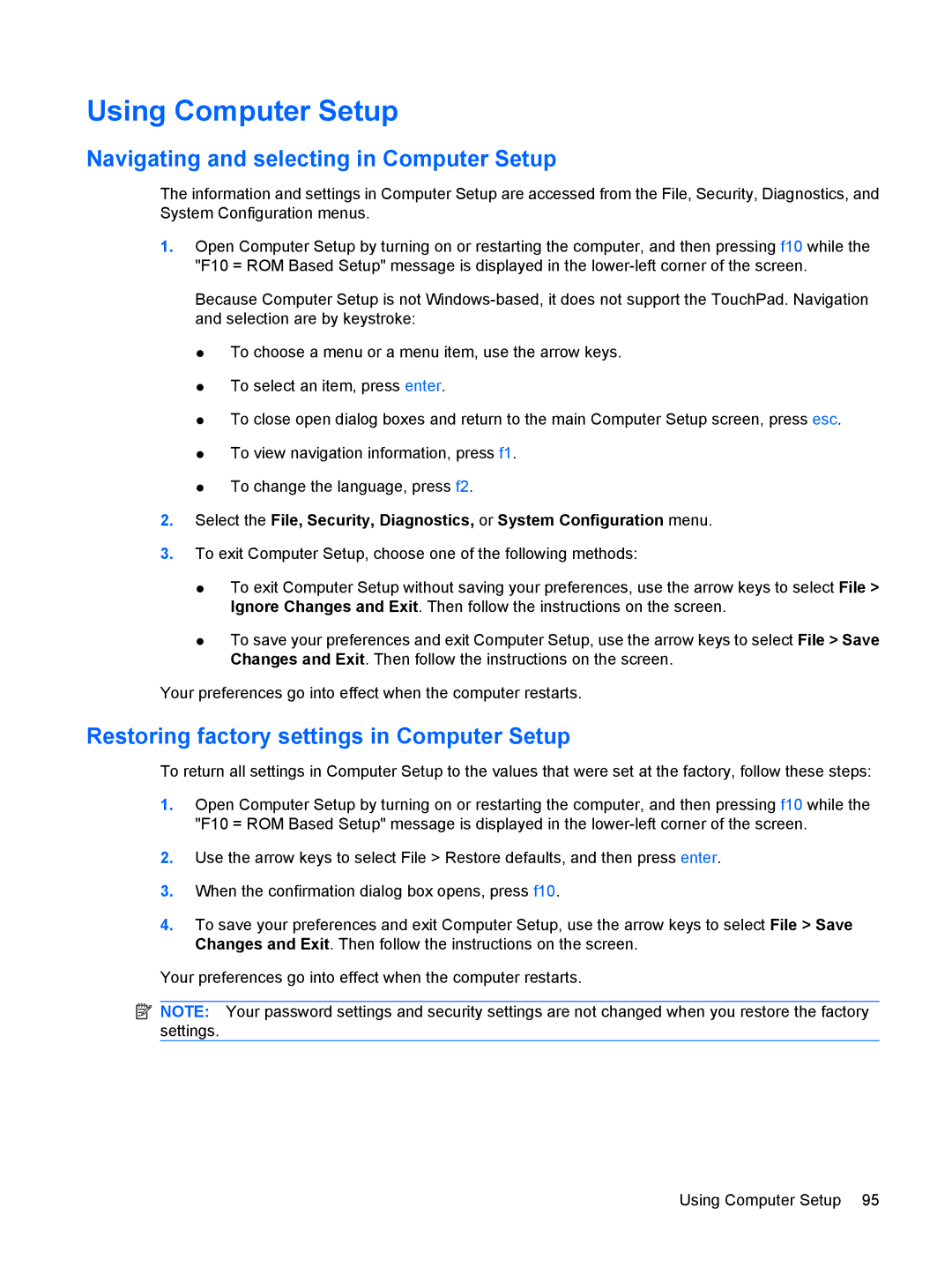 HP 6515b Using Computer Setup, Navigating and selecting in Computer Setup, Restoring factory settings in Computer Setup 