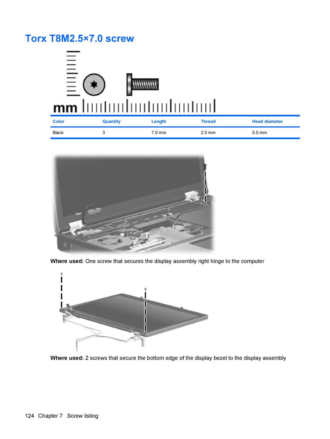 HP 6515b manual Torx T8M2.5×7.0 screw, Color Quantity Length Thread Head diameter Black 