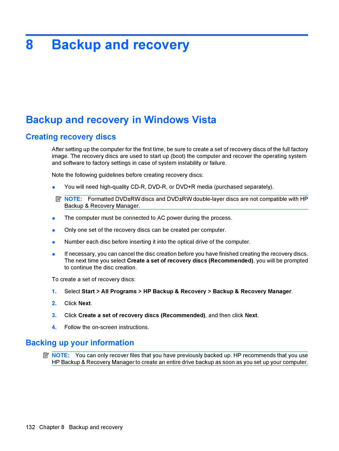 HP 6515b manual Backup and recovery in Windows Vista, Creating recovery discs, Backing up your information 