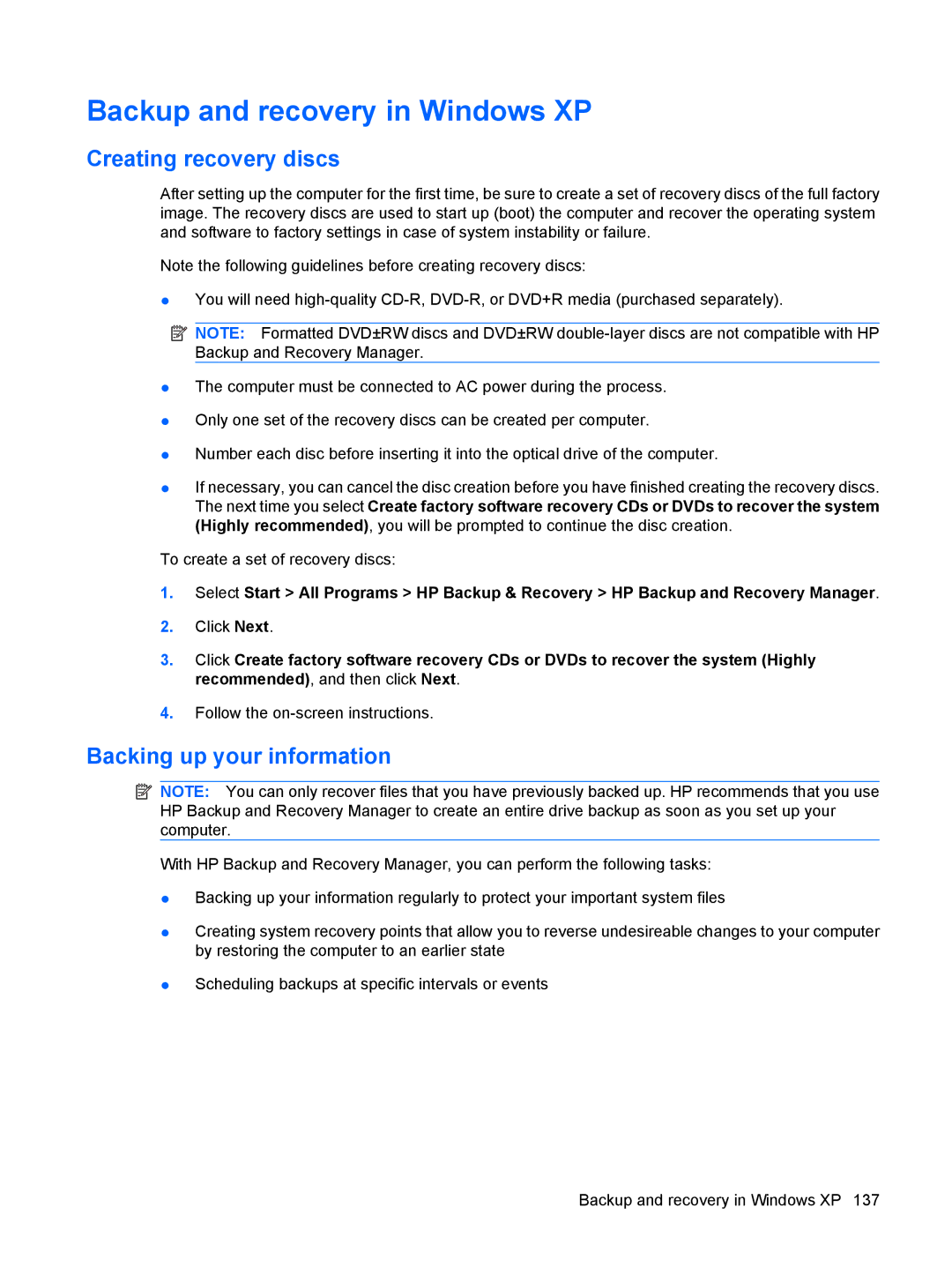 HP 6515b manual Backup and recovery in Windows XP, Creating recovery discs 