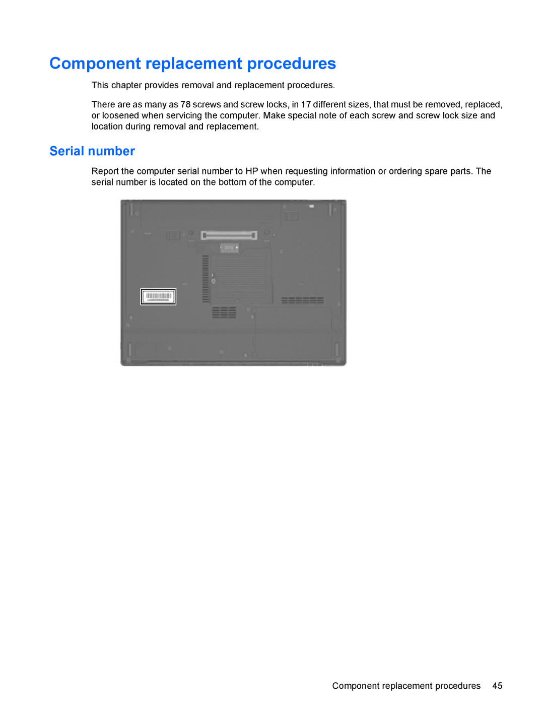 HP 6515b manual Component replacement procedures, Serial number 