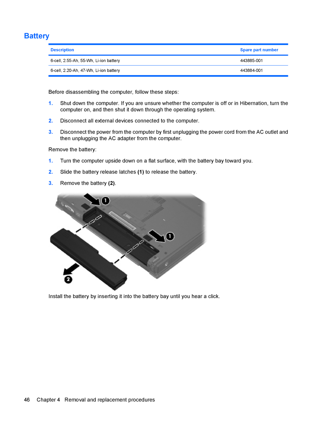 HP 6515b manual Battery, Description Spare part number 