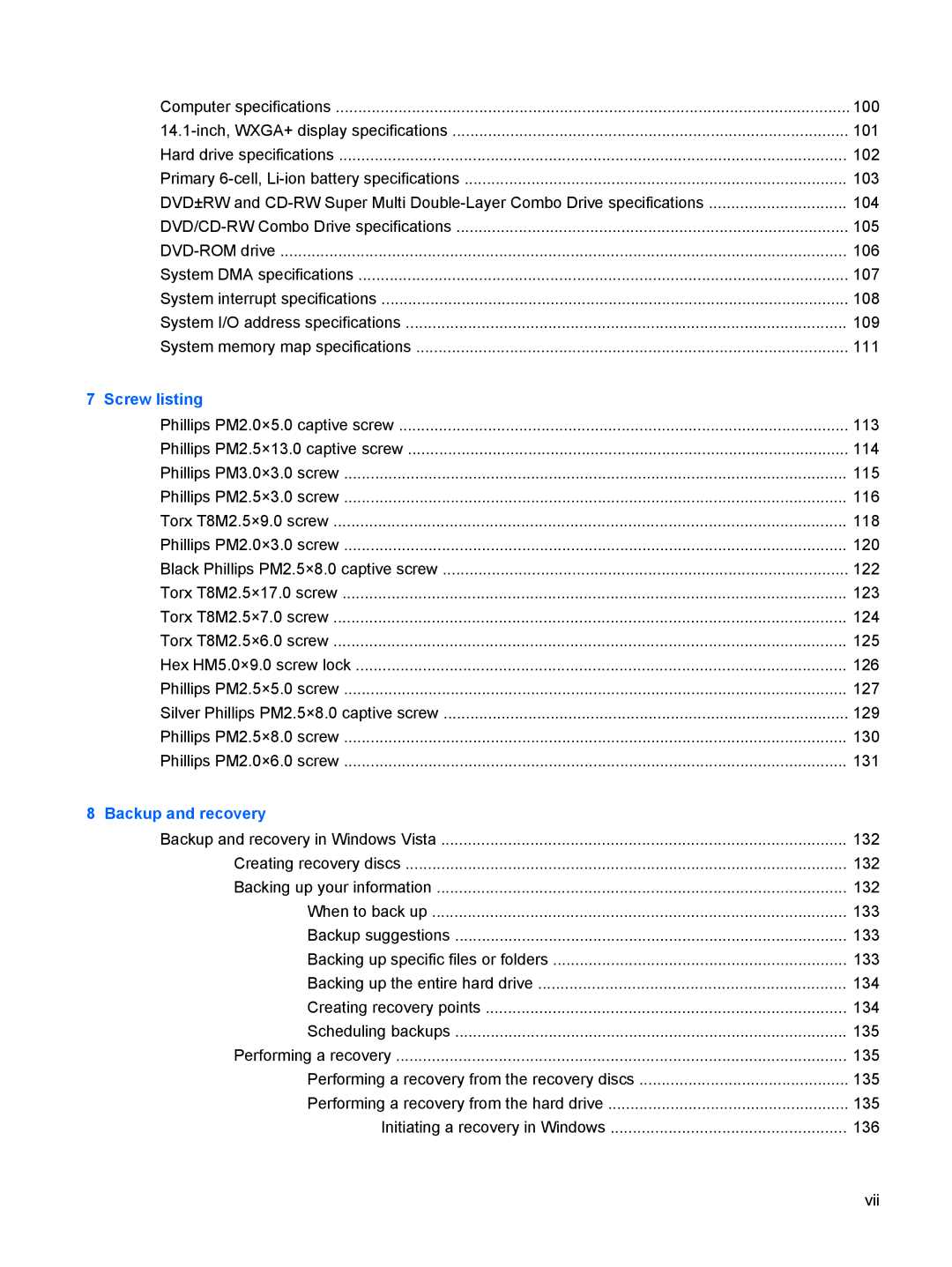 HP 6515b manual Screw listing 