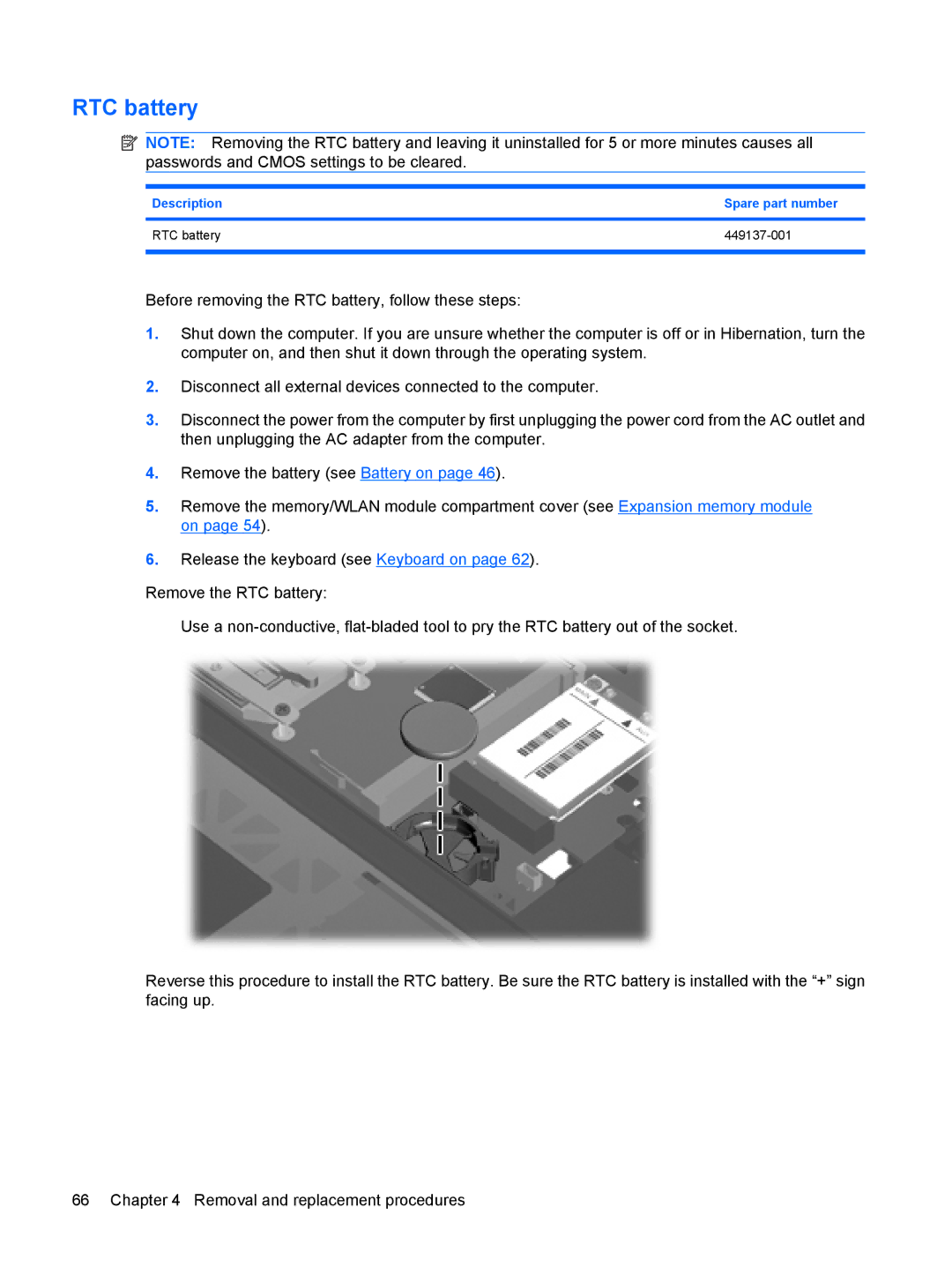 HP 6515b manual Description Spare part number RTC battery 449137-001 