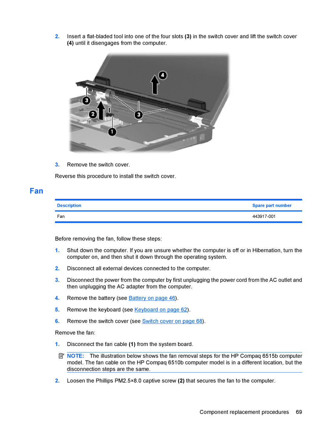 HP 6515b manual Description Spare part number Fan 443917-001 