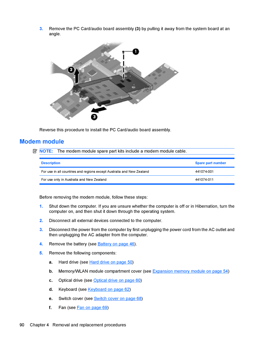 HP 6515b manual Modem module, Description Spare part number 