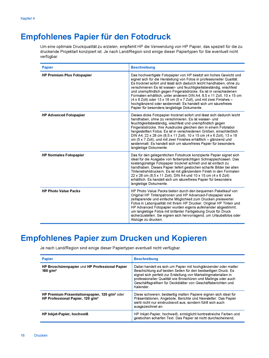 HP 6520 manual Empfohlenes Papier für den Fotodruck, Empfohlenes Papier zum Drucken und Kopieren 