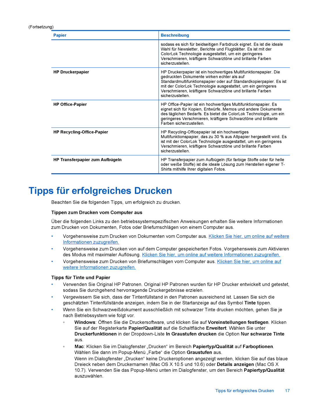 HP 6520 manual Tipps für erfolgreiches Drucken, Tippen zum Drucken vom Computer aus, Tipps für Tinte und Papier 