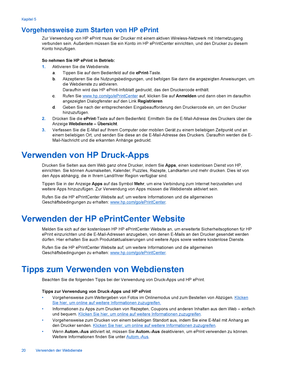 HP 6520 manual Verwenden von HP Druck-Apps, Verwenden der HP ePrintCenter Website, Tipps zum Verwenden von Webdiensten 