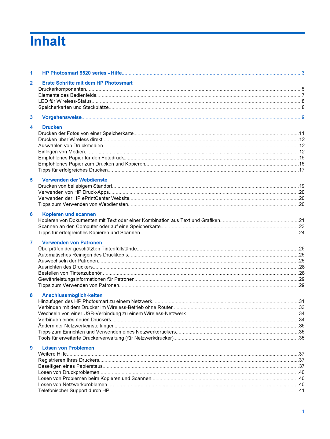 HP 6520 manual Inhalt, Erste Schritte mit dem HP Photosmart 