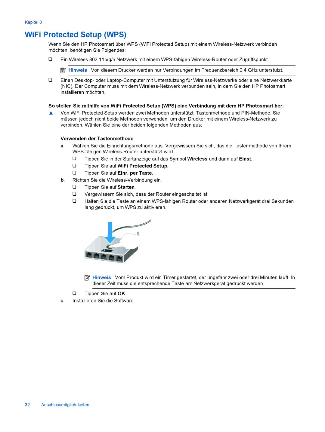 HP 6520 manual Verwenden der Tastenmethode, Tippen Sie auf WiFi Protected Setup 