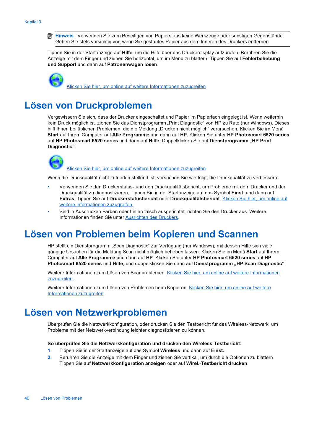 HP 6520 manual Lösen von Druckproblemen, Lösen von Problemen beim Kopieren und Scannen, Lösen von Netzwerkproblemen 