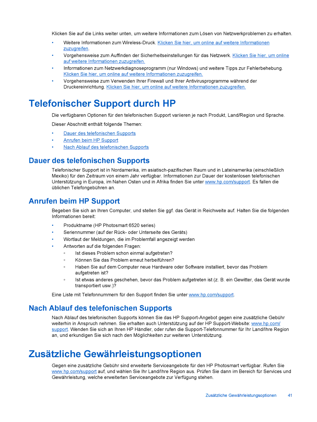 HP 6520 manual Telefonischer Support durch HP, Zusätzliche Gewährleistungsoptionen 