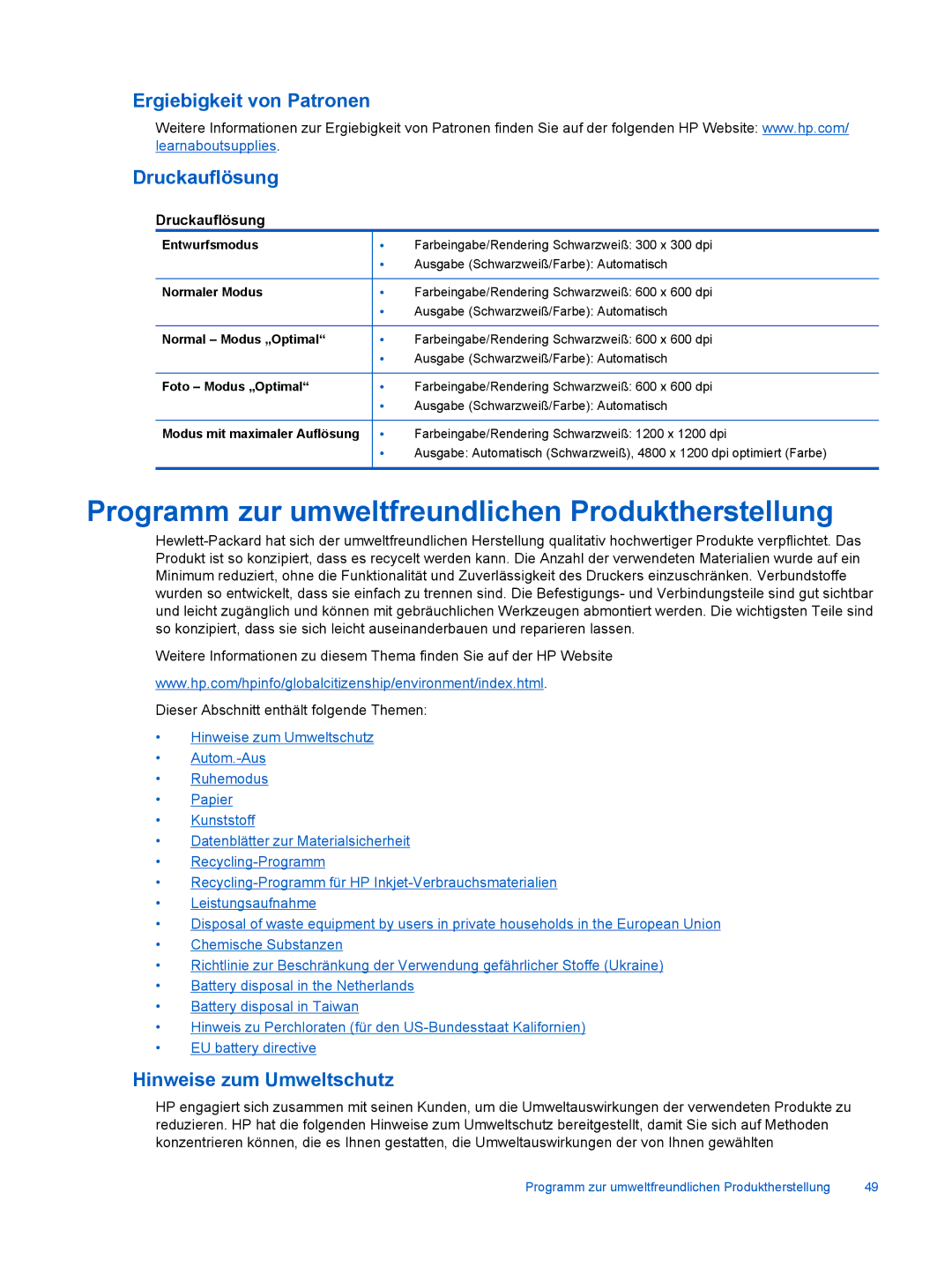 HP 6520 manual Programm zur umweltfreundlichen Produktherstellung, Druckauflösung 