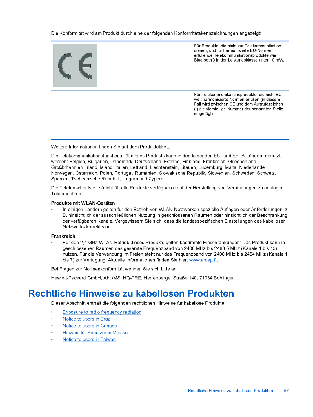 HP 6520 manual Rechtliche Hinweise zu kabellosen Produkten, Produkte mit WLAN-Geräten, Frankreich 