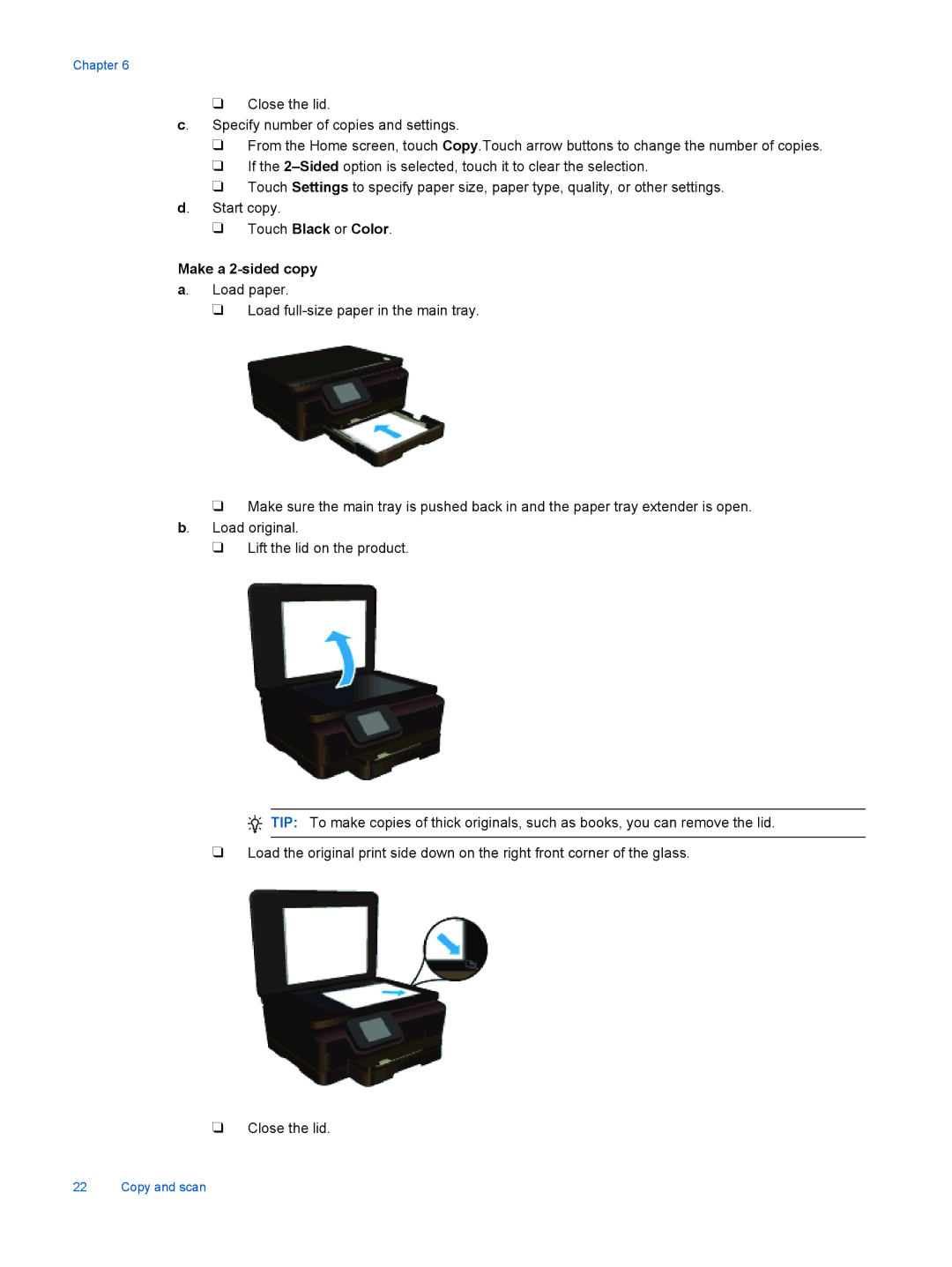 HP 6525, 6520 manual Touch Black or Color Make a 2-sided copy a. Load paper 