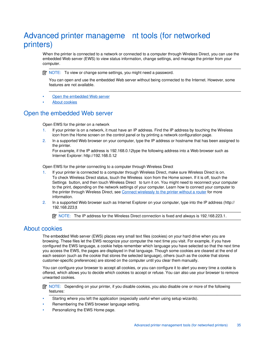 HP 6520, 6525 manual Advanced printer management tools for networked printers, Open EWS for the pinter on a network 