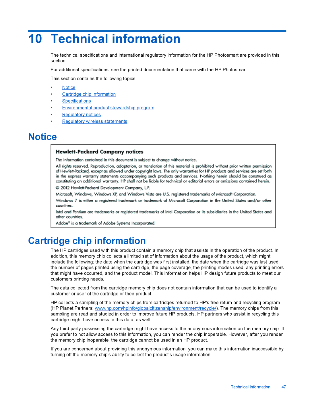 HP 6520, 6525 manual Technical information, Cartridge chip information 