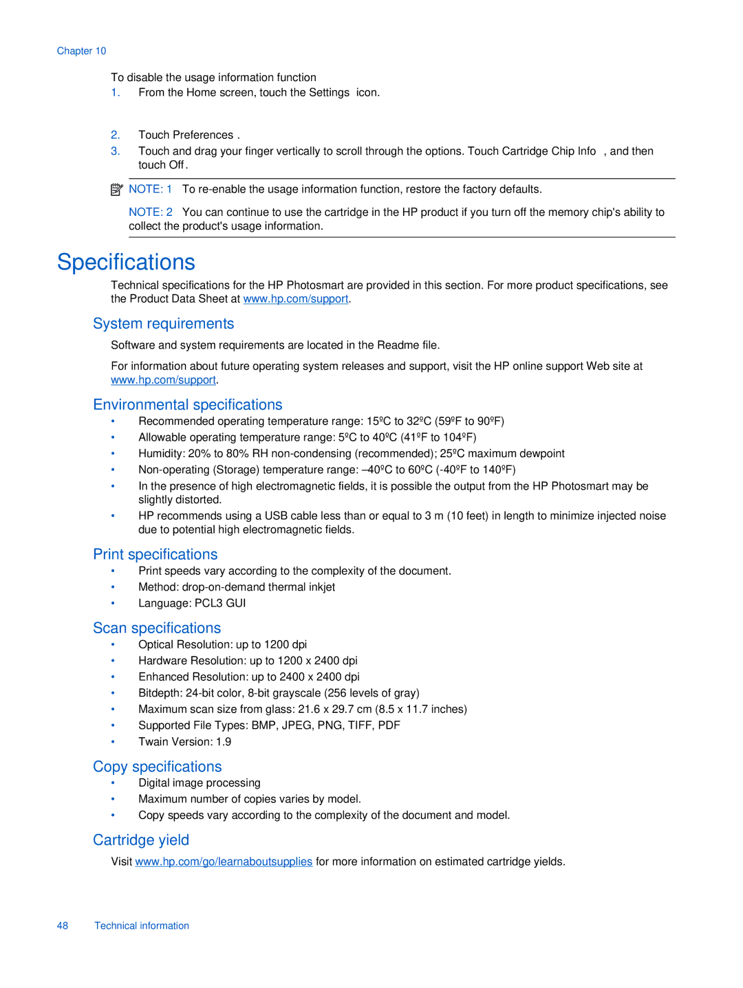 HP 6525, 6520 manual Specifications, To disable the usage information function, Touch Preferences 