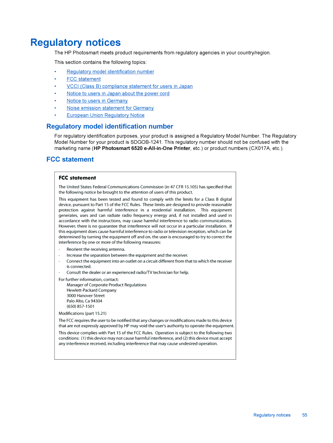 HP 6520, 6525 manual Regulatory notices, Regulatory model identification number 