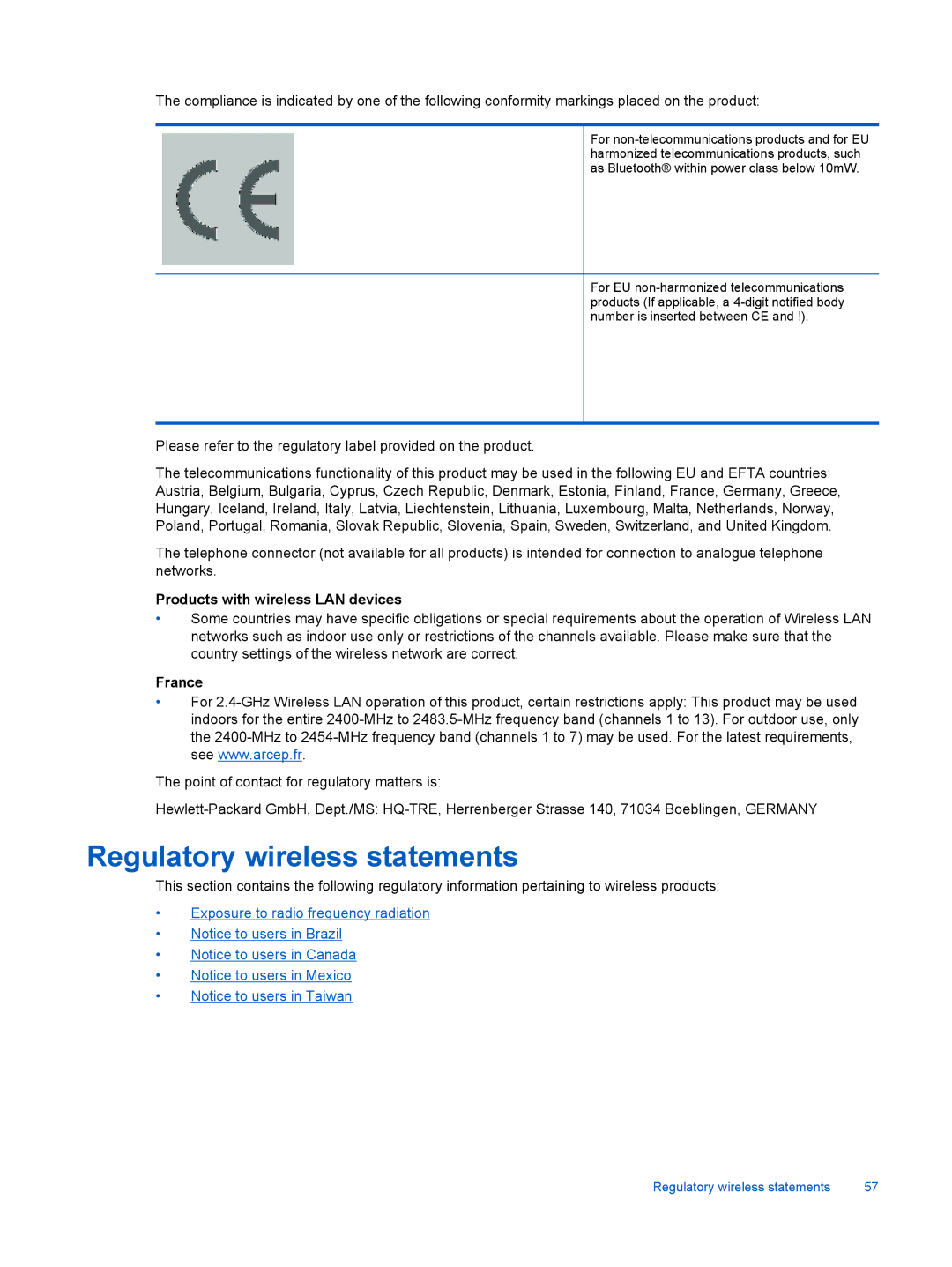 HP 6520, 6525 manual Regulatory wireless statements, Products with wireless LAN devices, France 