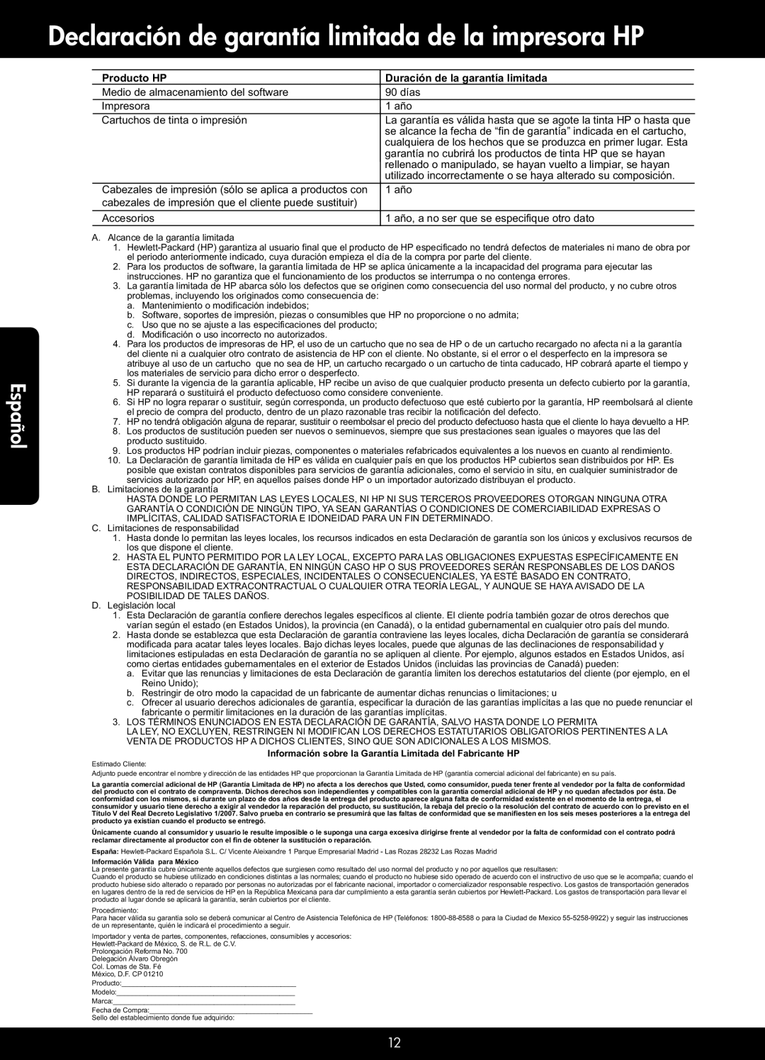 HP 6525, 6520 manual Declaración de garantía limitada de la impresora HP, Producto HP Duración de la garantía limitada 