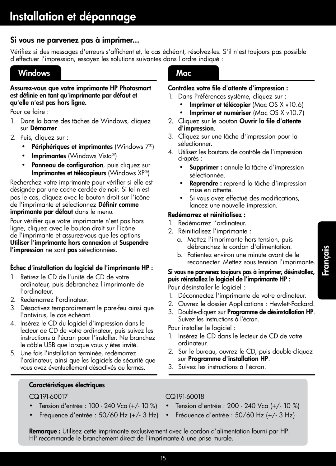 HP 6520, 6525 manual Installation et dépannage, Si vous ne parvenez pas à imprimer 