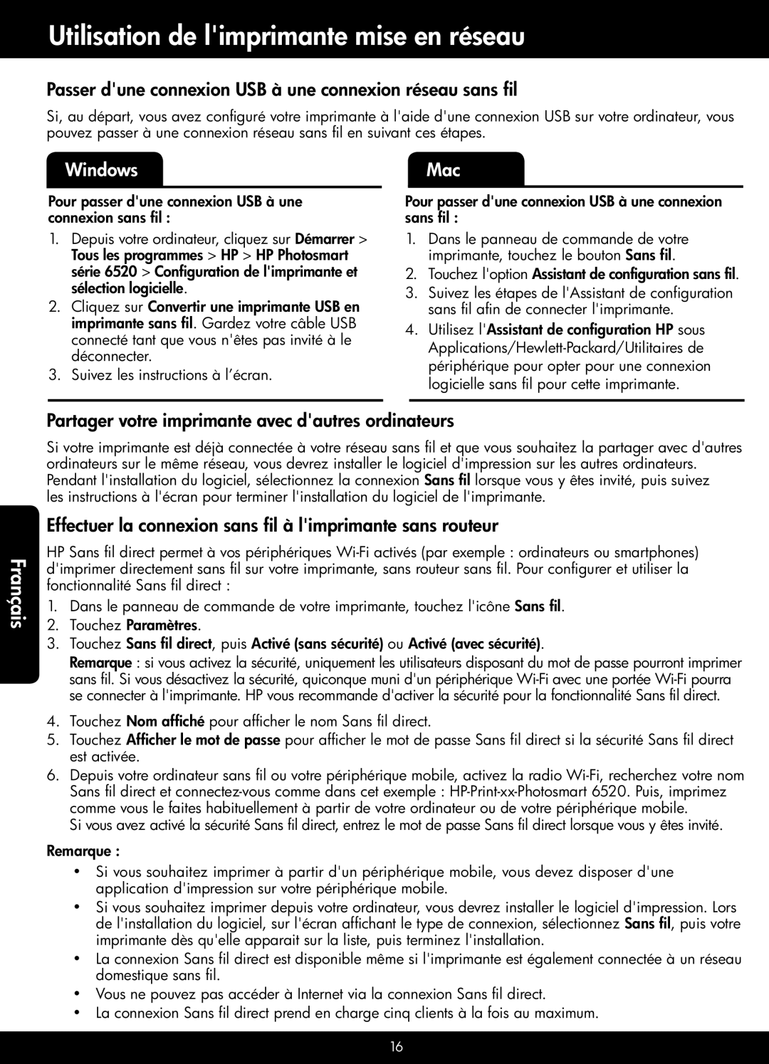 HP 6525, 6520 manual Utilisation de limprimante mise en réseau, Passer dune connexion USB à une connexion réseau sans fil 