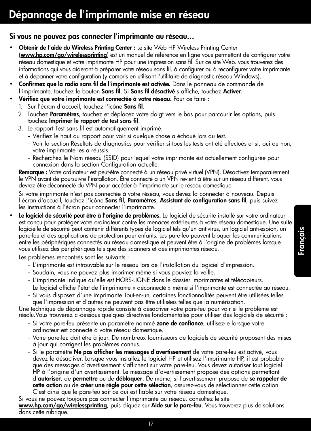 HP 6520, 6525 manual Dépannage de limprimante mise en réseau, Si vous ne pouvez pas connecter limprimante au réseau… 