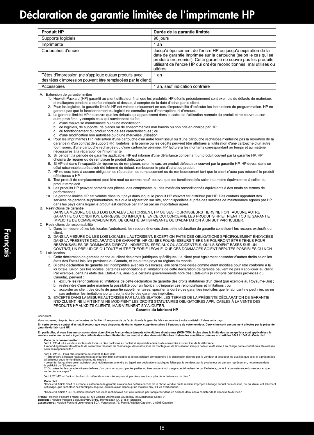 HP 6525, 6520 manual Déclaration de garantie limitée de limprimante HP, Produit HP Durée de la garantie limitée 