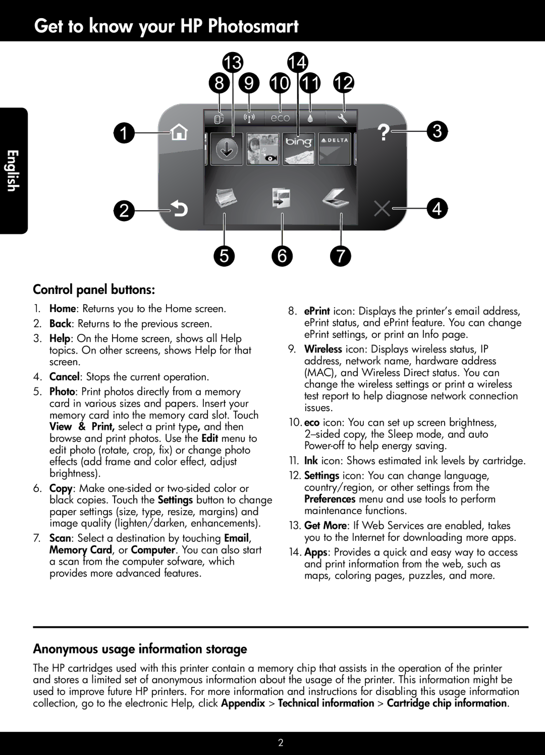 HP 6525, 6520 manual Get to know your HP Photosmart, Control panel buttons, Anonymous usage information storage 