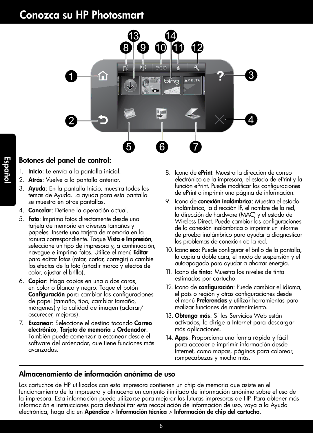 HP 6525, 6520 manual Conozca su HP Photosmart, Botones del panel de control, Almacenamiento de información anónima de uso 