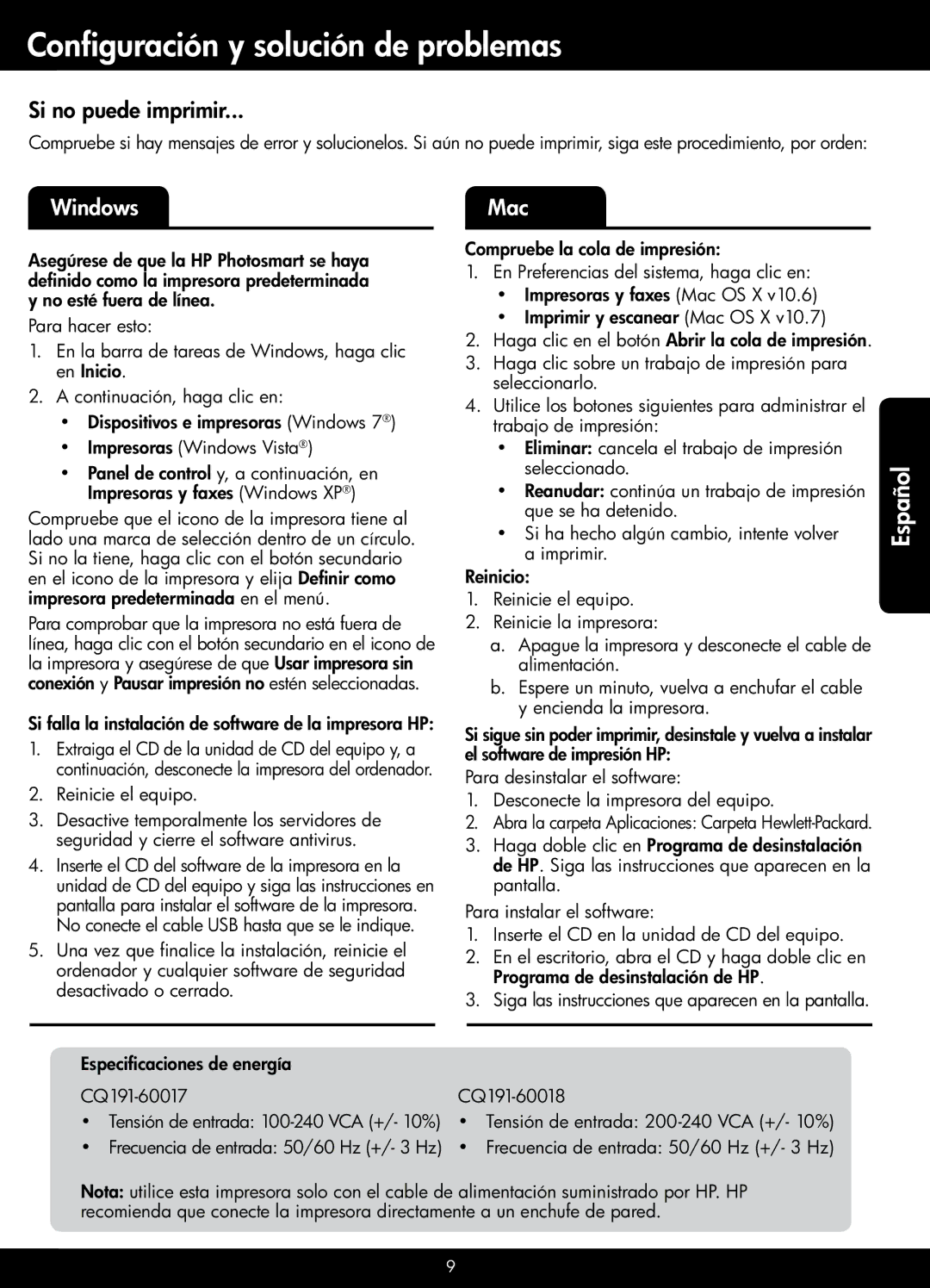 HP 6520, 6525 manual Configuración y solución de problemas, Si no puede imprimir, Reinicie el equipo 