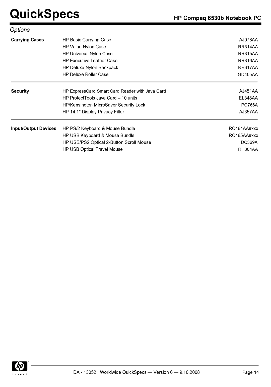 HP 6530b manual Carrying Cases, Security, Input/Output Devices 