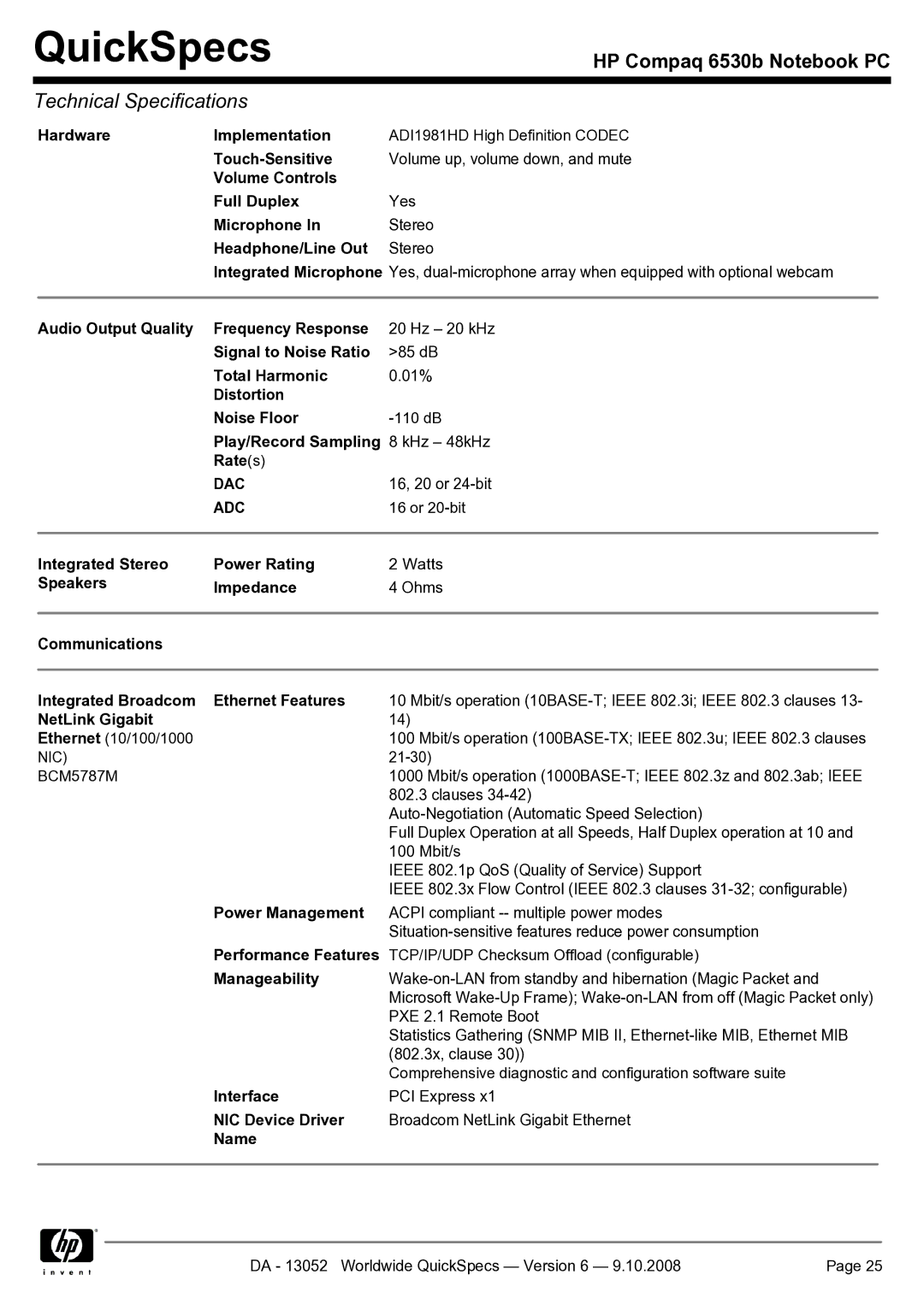 HP 6530b Hardware Implementation, Volume Controls Full Duplex, Microphone, Headphone/Line Out, Signal to Noise Ratio, Name 