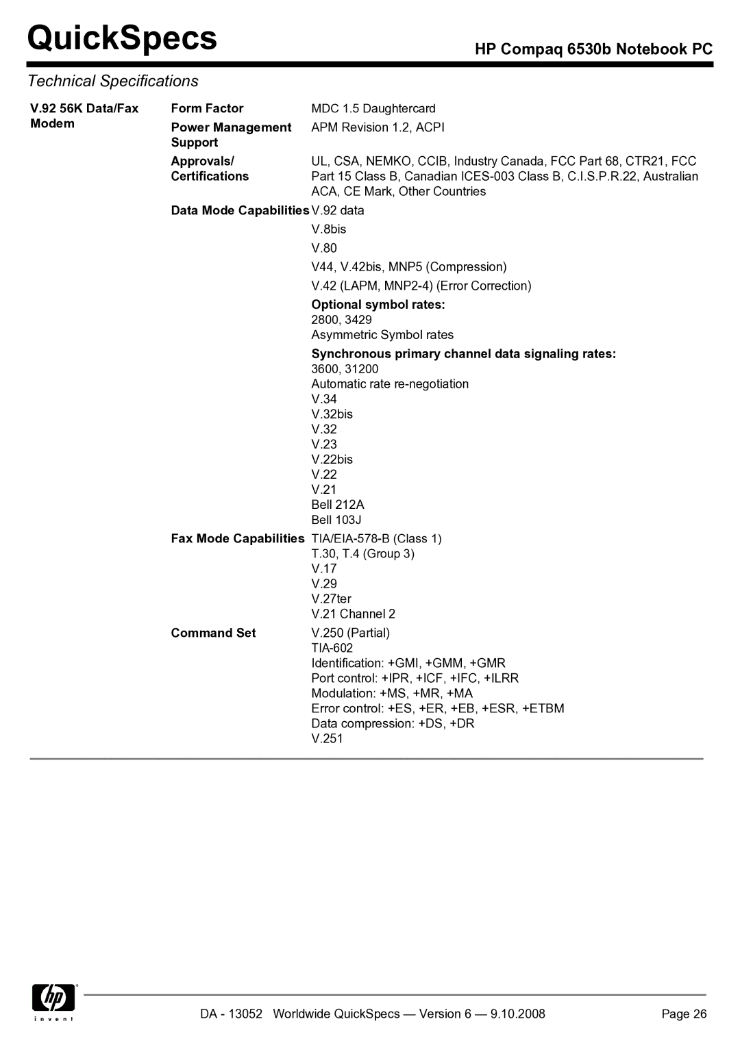 HP 6530b manual 92 56K Data/Fax Form Factor, Modem Power Management, Support Approvals, Data Mode Capabilities V.92 data 