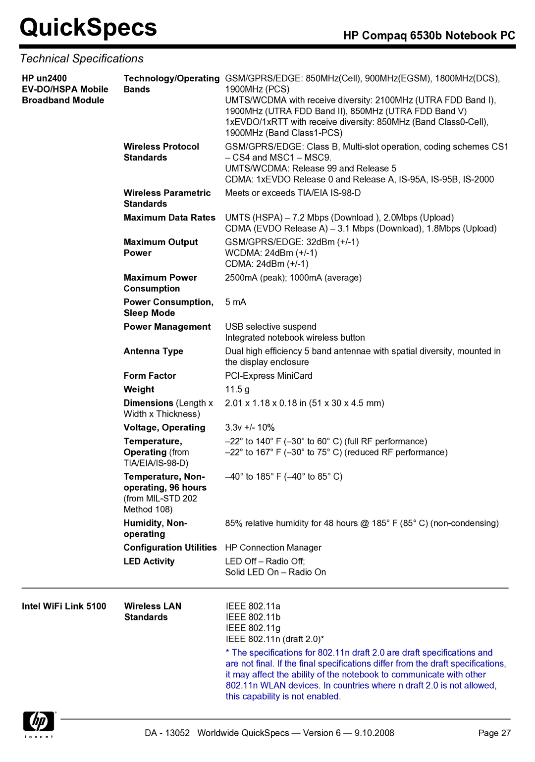 HP 6530b manual HP un2400 Technology/Operating, EV-DO/HSPA Mobile Bands, Wireless Protocol, Standards, Wireless Parametric 