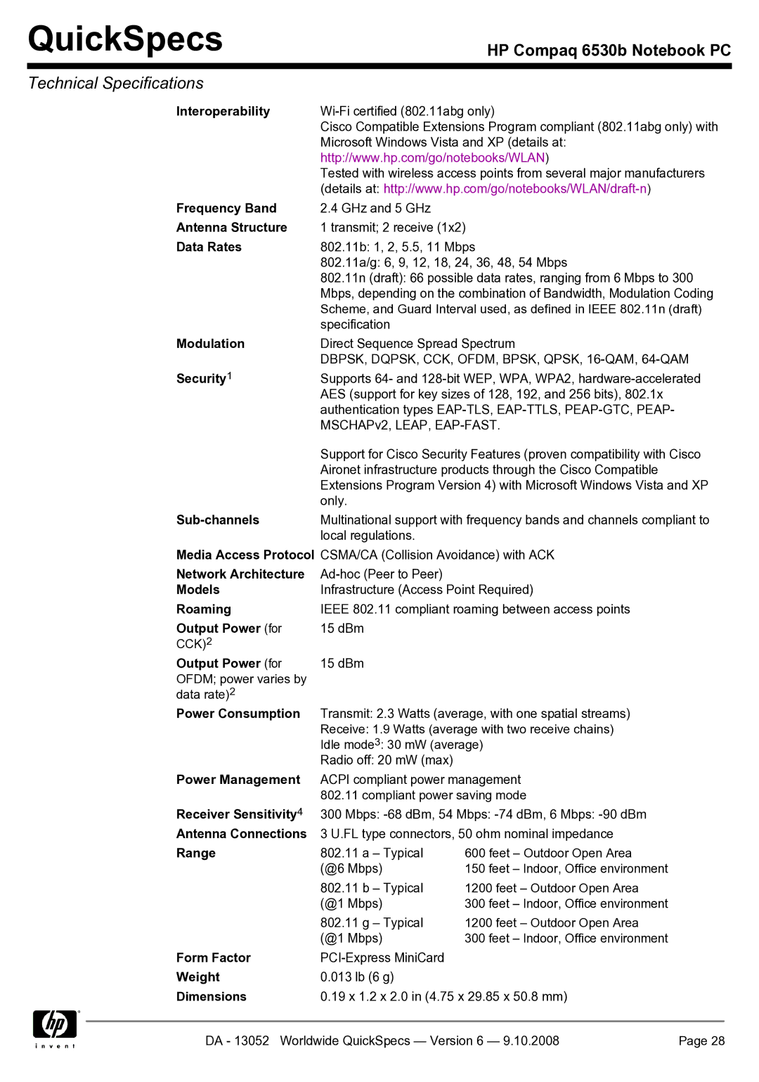 HP 6530b Interoperability, Frequency Band, Antenna Structure, Data Rates, Modulation, Sub-channels, Network Architecture 