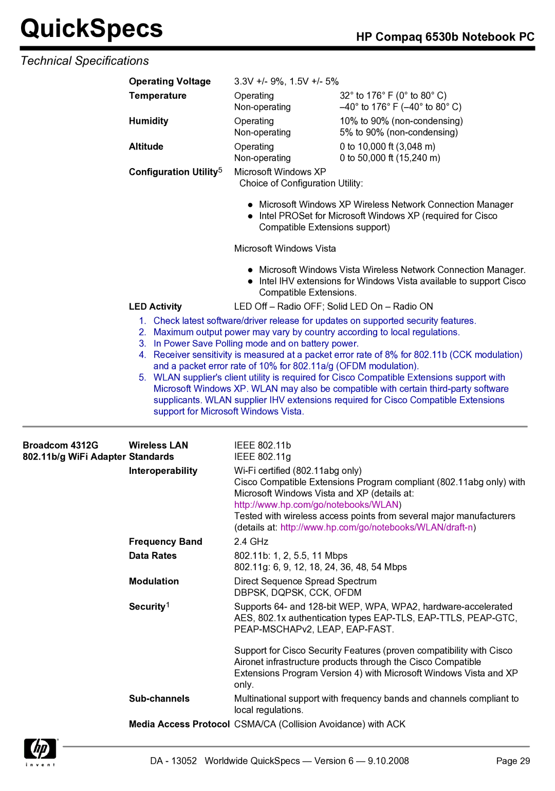 HP 6530b manual Operating Voltage, Humidity, Configuration Utility, LED Activity LED Off Radio OFF Solid LED On Radio on 