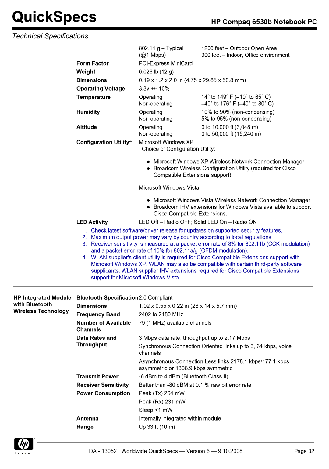 HP 6530b Wireless Technology Frequency Band, Number of Available, Channels Data Rates, Throughput, Transmit Power, Antenna 