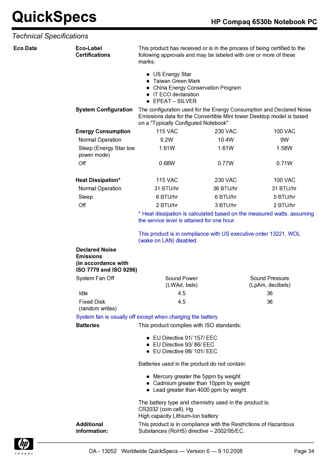 HP 6530b manual Eco Data Eco-Label, Energy Consumption, Heat Dissipation, Batteries, Additional, Information 