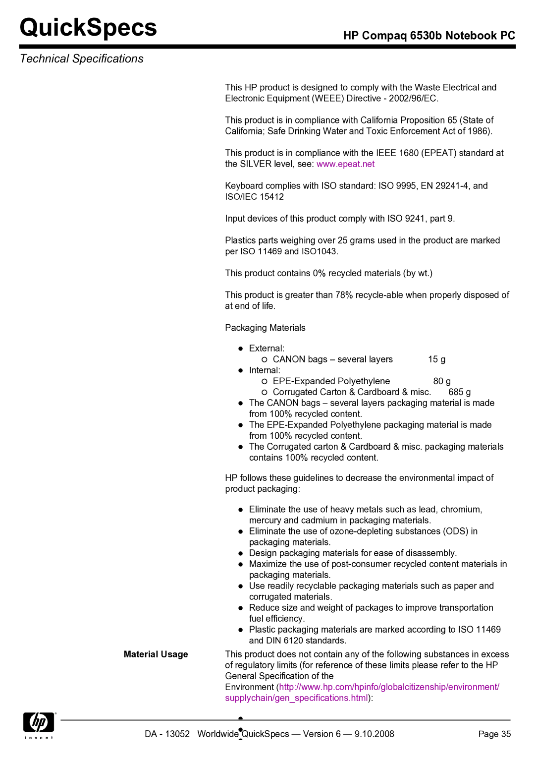 HP 6530b manual Material Usage 